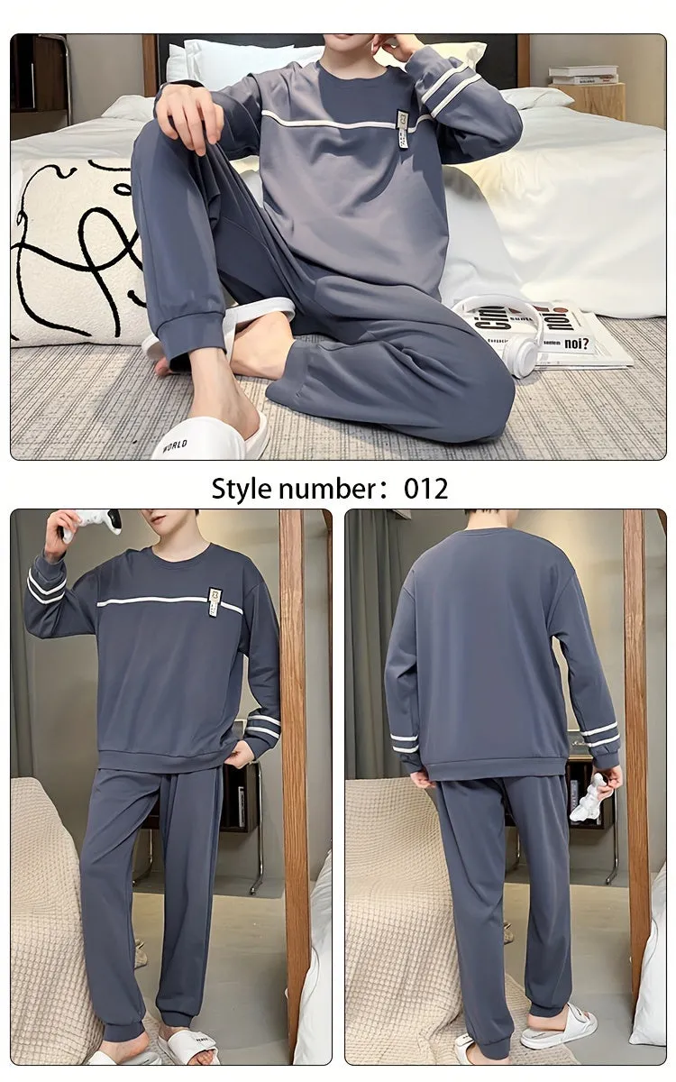 100.00% Cotton 2 Pcs Men's Simple Label Design Round Neck Long Sleeve & Long Pants Pajama Set, Comfortable & Skin-friendly Style Pajamas For Men's Cozy Loungewear