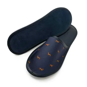 Blue Dog Motifs Silk & Leather Slippers