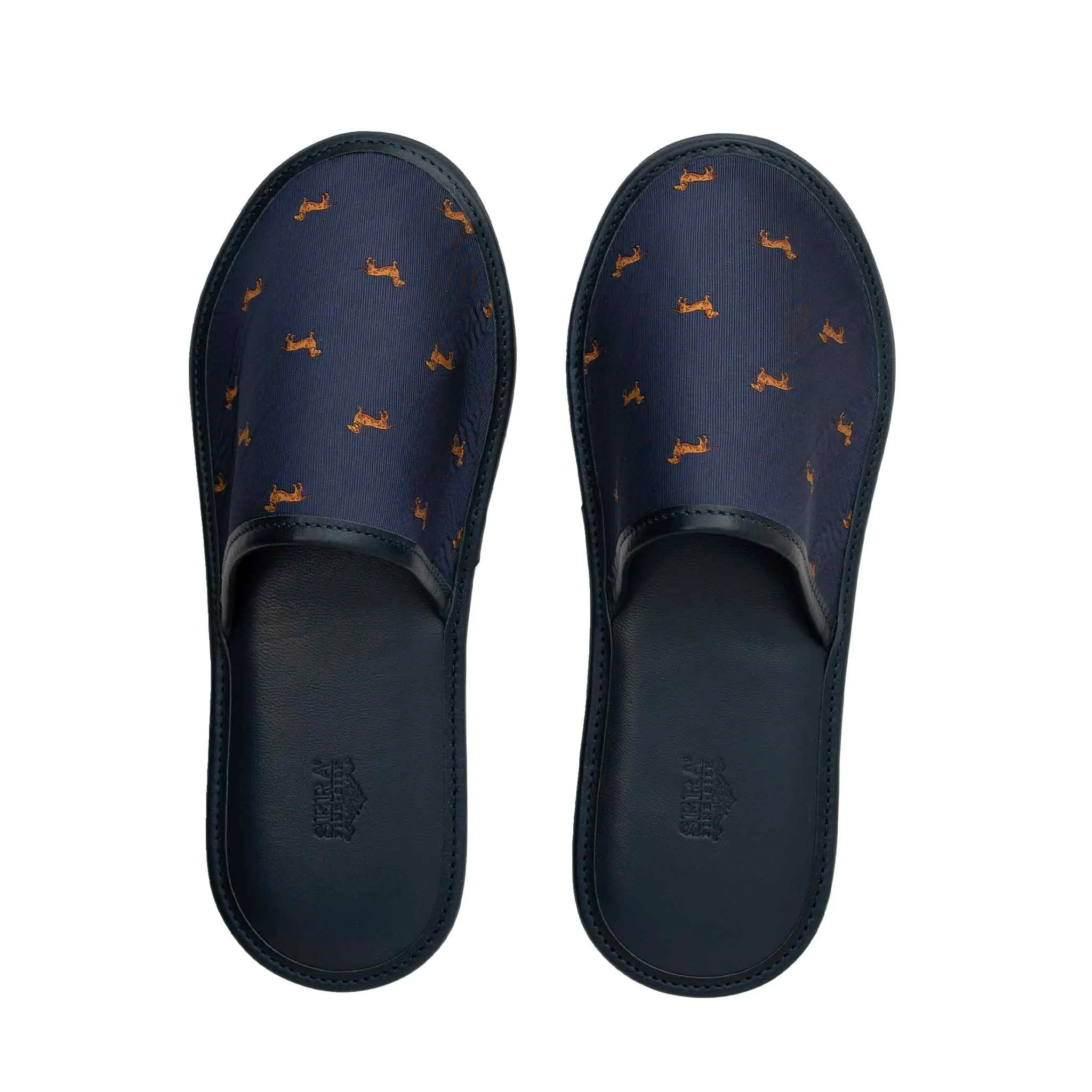 Blue Dog Motifs Silk & Leather Slippers