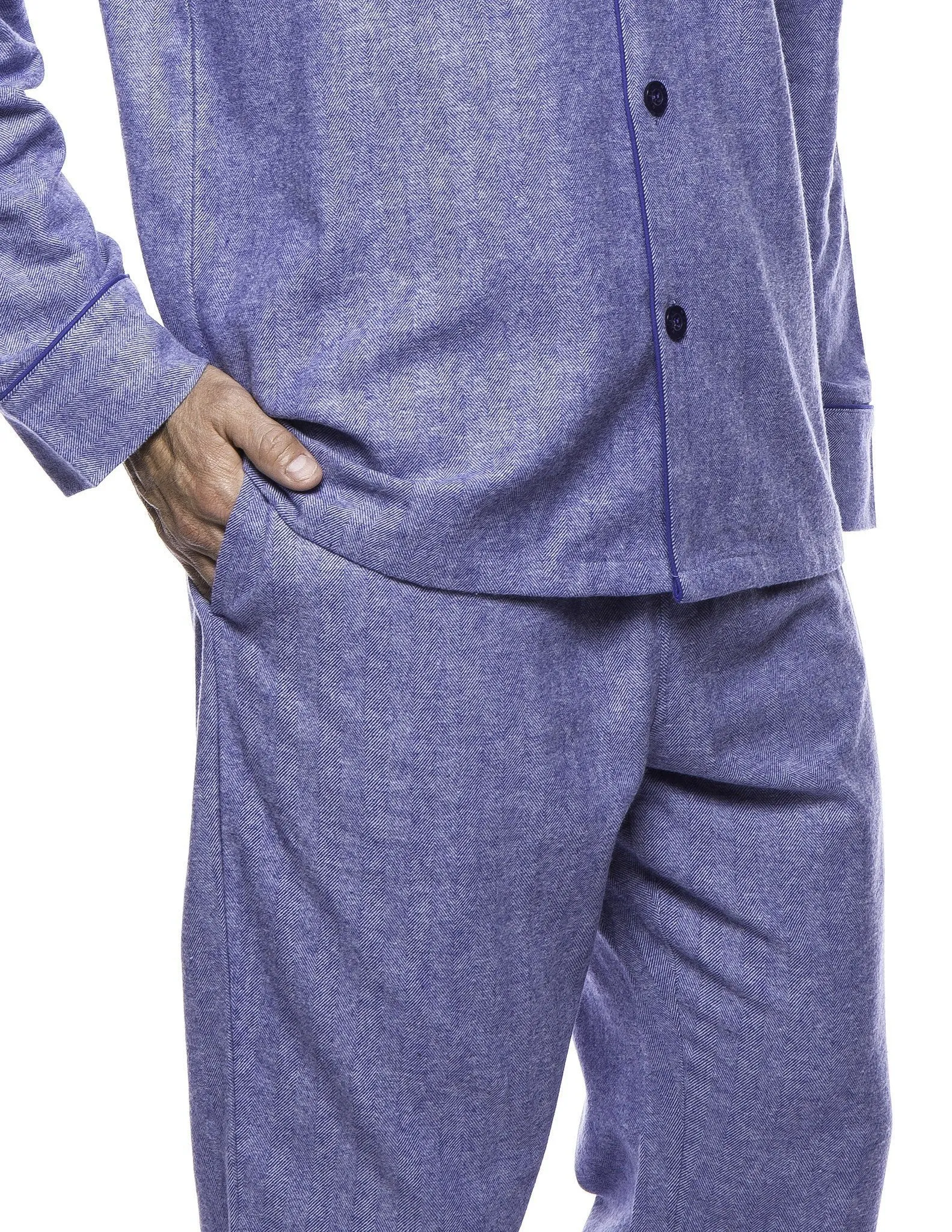 Box Packaged Men's Premium 100% Cotton Flannel Pajama Sleepwear Set - Herringbone Blue