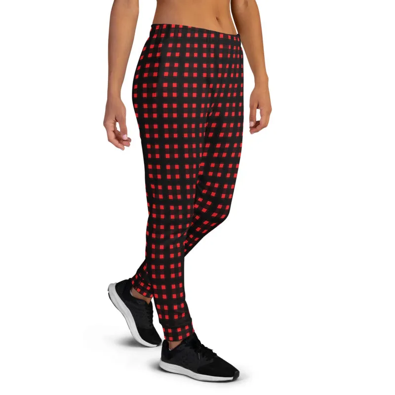 Buffalo Red Women's Joggers, Red Plaid Ladies Joggers Pajamas Sweatpants-Made in EU