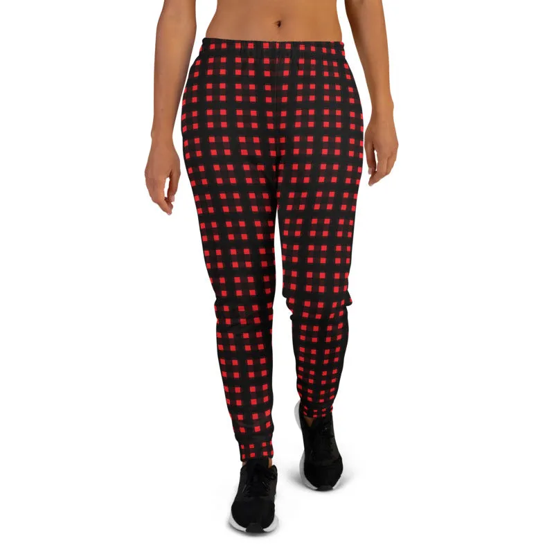 Buffalo Red Women's Joggers, Red Plaid Ladies Joggers Pajamas Sweatpants-Made in EU