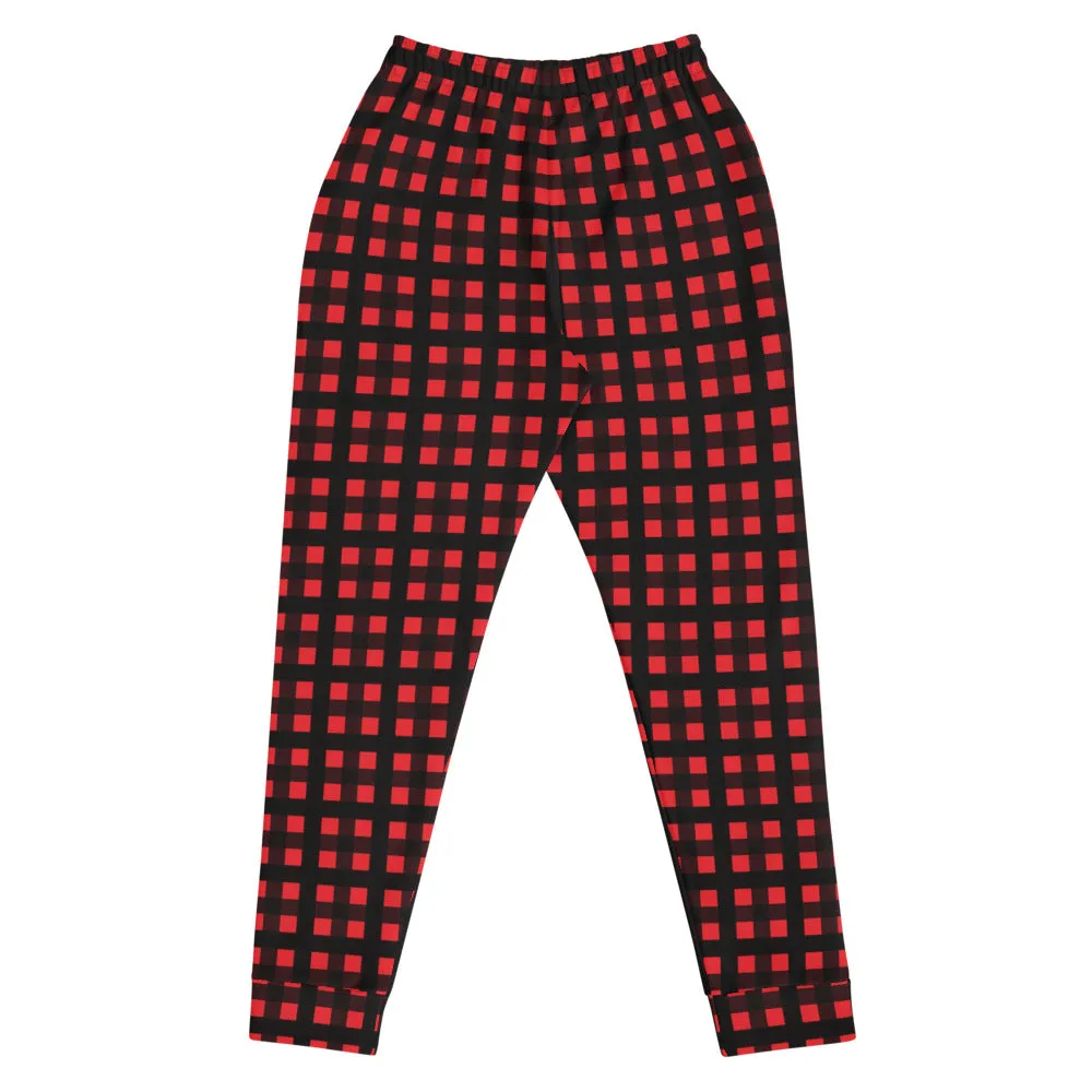 Buffalo Red Women's Joggers, Red Plaid Ladies Joggers Pajamas Sweatpants-Made in EU