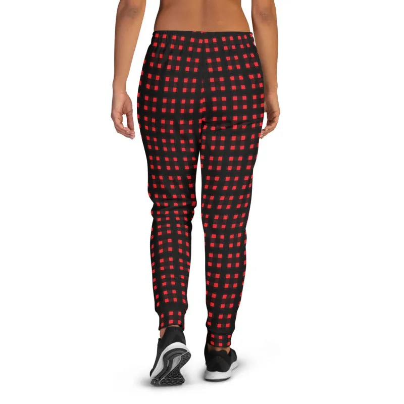 Buffalo Red Women's Joggers, Red Plaid Ladies Joggers Pajamas Sweatpants-Made in EU