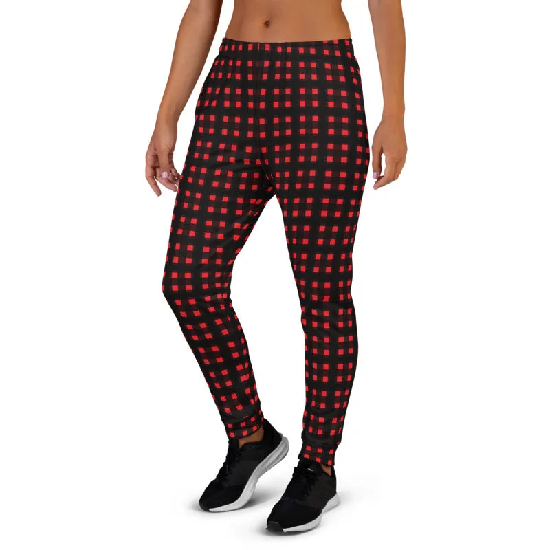 Buffalo Red Women's Joggers, Red Plaid Ladies Joggers Pajamas Sweatpants-Made in EU