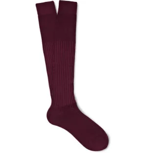 Burgundy Ribbed Knee-Length Cashmere/Silk Bresciani Socks