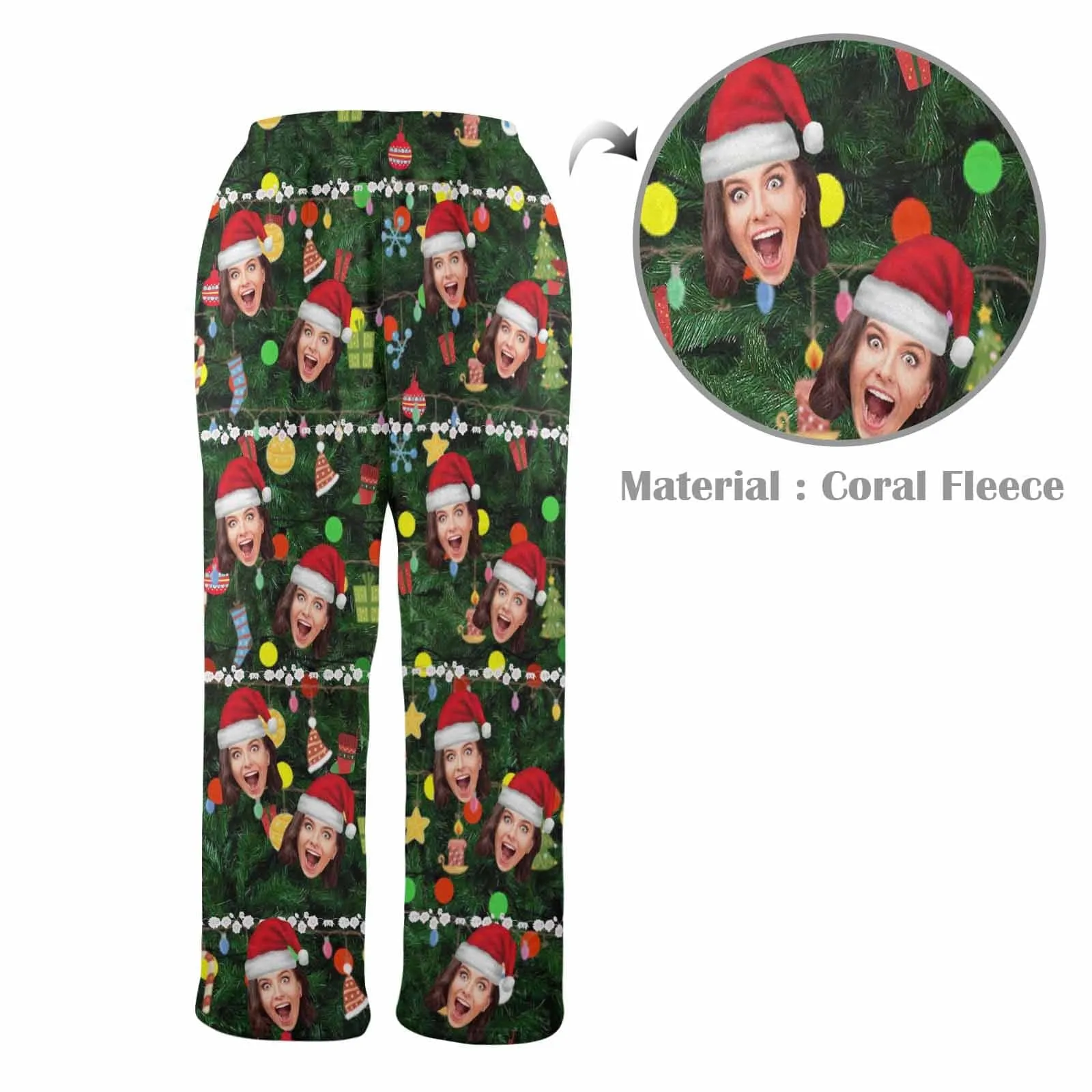 Coral Fleece Pajama Trousers-Custom Face Christmas Red Hat Tree Trinkets Warm and Comfortable Sleepwear Long Pajama Pants For Men Women