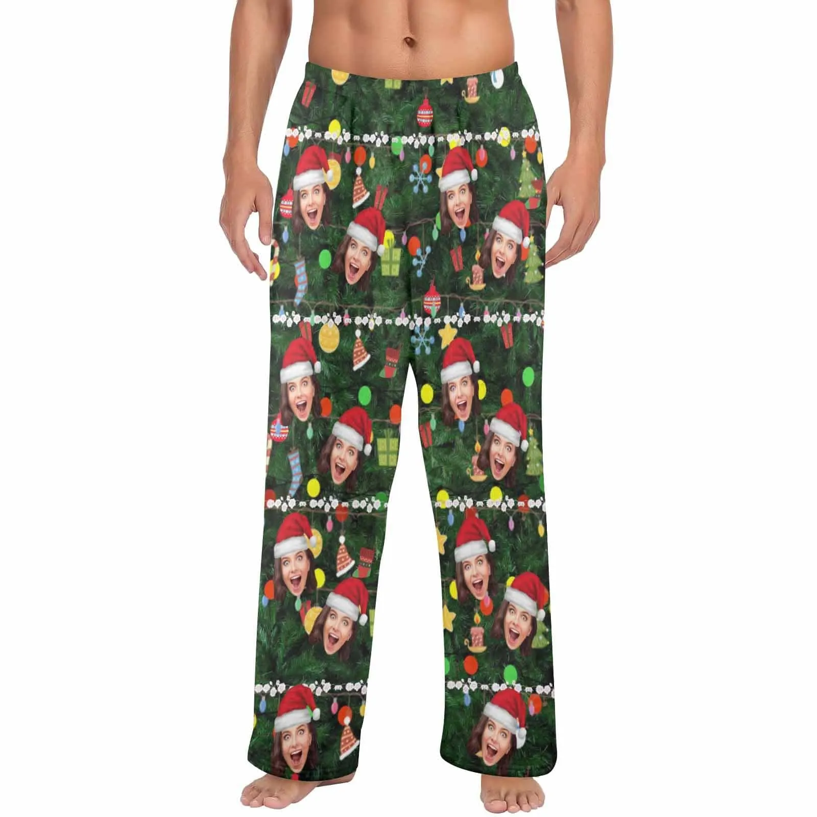 Coral Fleece Pajama Trousers-Custom Face Christmas Red Hat Tree Trinkets Warm and Comfortable Sleepwear Long Pajama Pants For Men Women