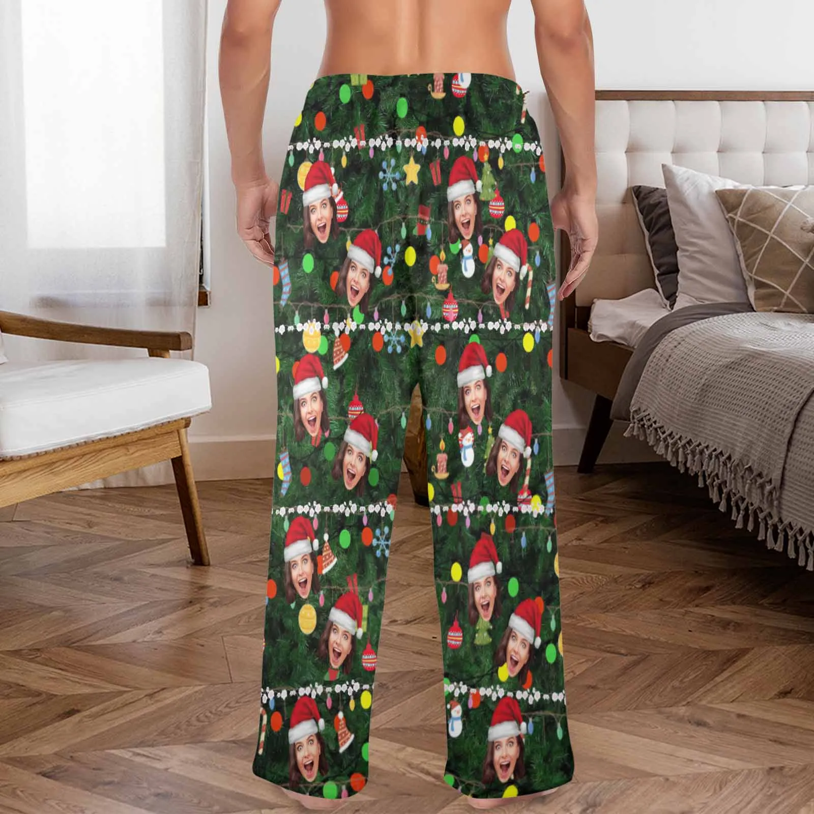 Coral Fleece Pajama Trousers-Custom Face Christmas Red Hat Tree Trinkets Warm and Comfortable Sleepwear Long Pajama Pants For Men Women