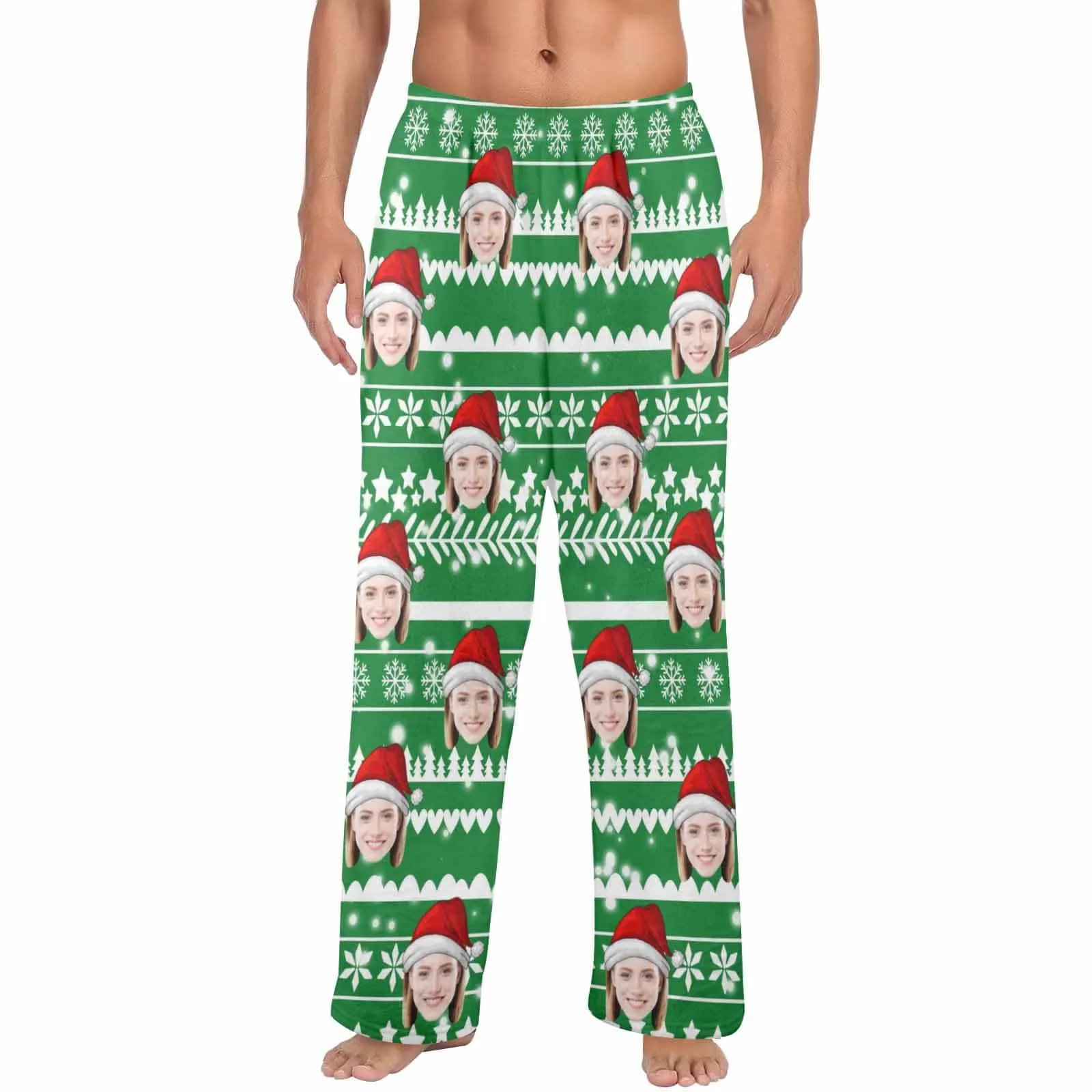 Coral Fleece Pajama Trousers-Custom Face Green Christmas Tree Warm and Comfortable Sleepwear Long Pajama Pants For Men Women