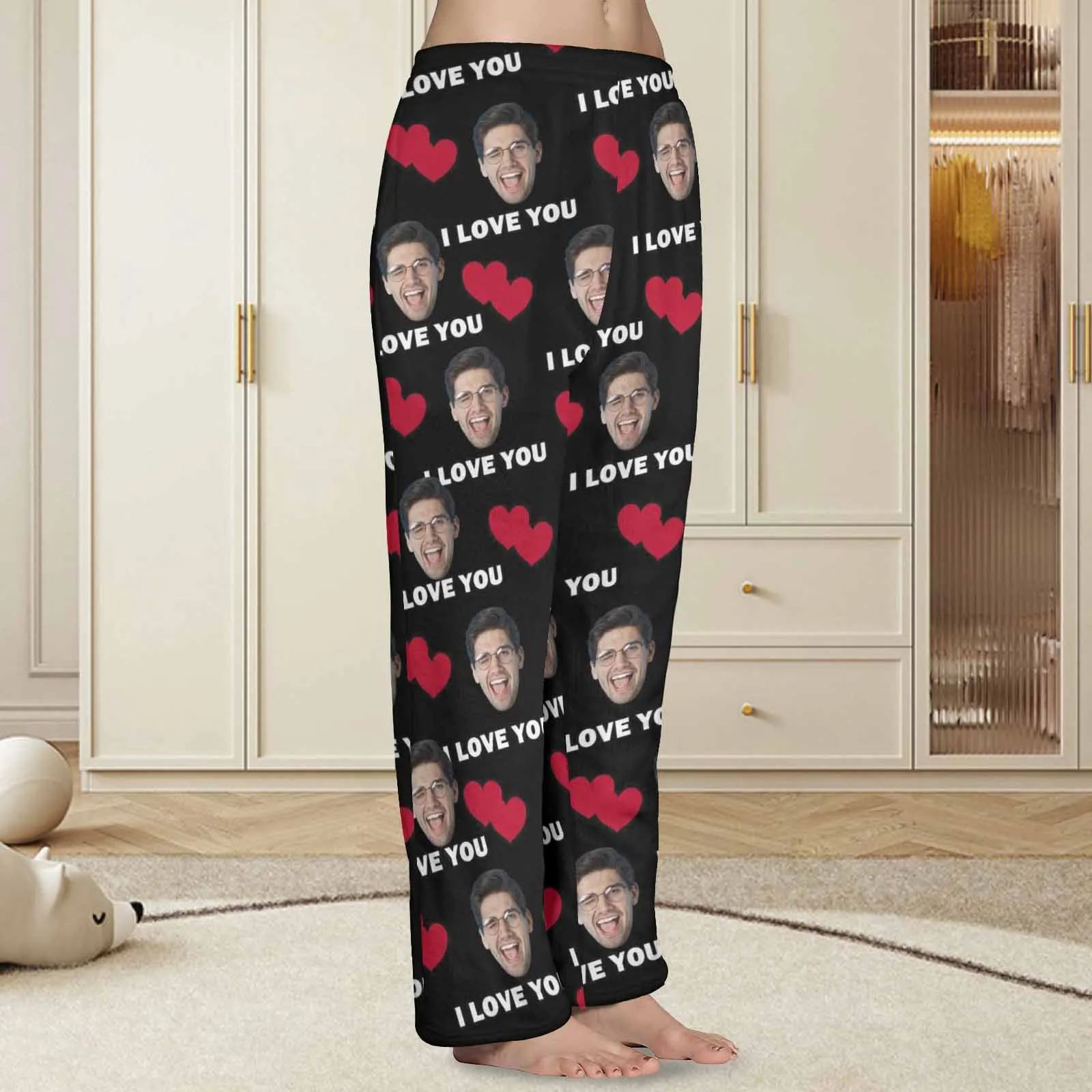 Coral Fleece Pajama Trousers-Custom Face Heart Lover Print Warm and Comfortable Sleepwear Long Pajama Pants For Men Women