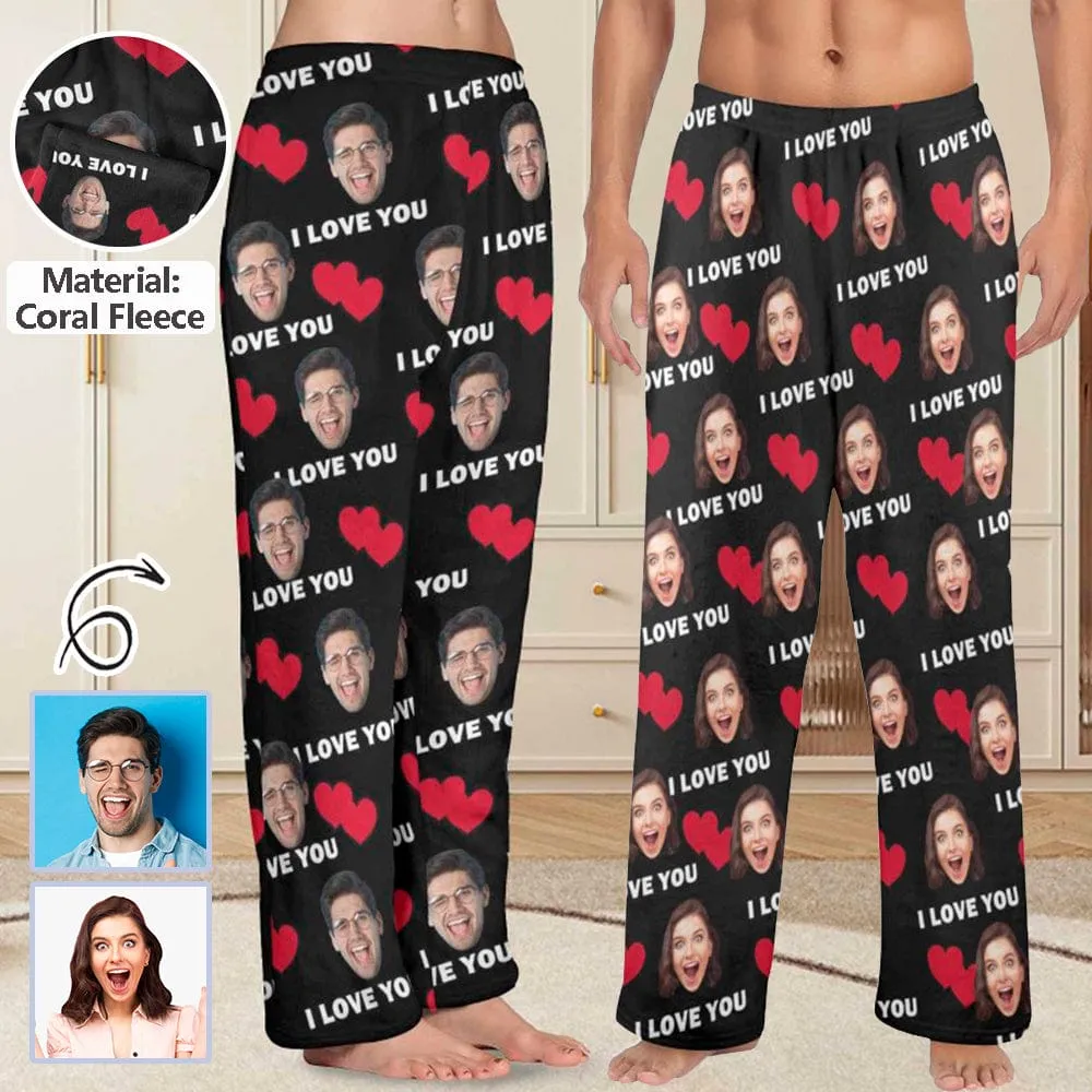 Coral Fleece Pajama Trousers-Custom Face Heart Lover Print Warm and Comfortable Sleepwear Long Pajama Pants For Men Women