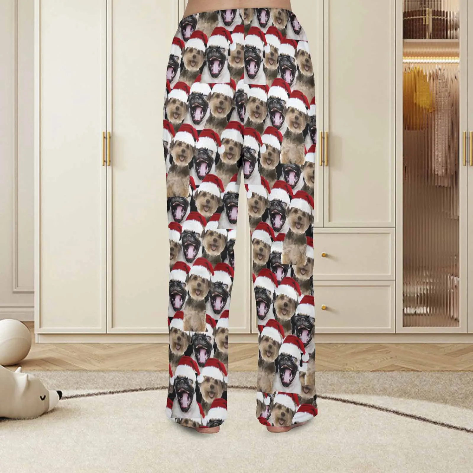 Coral Fleece Pajama Trousers-Custom Face Pet Christmas Red Hat Warm and Comfortable Sleepwear Long Pajama Pants For Men Women