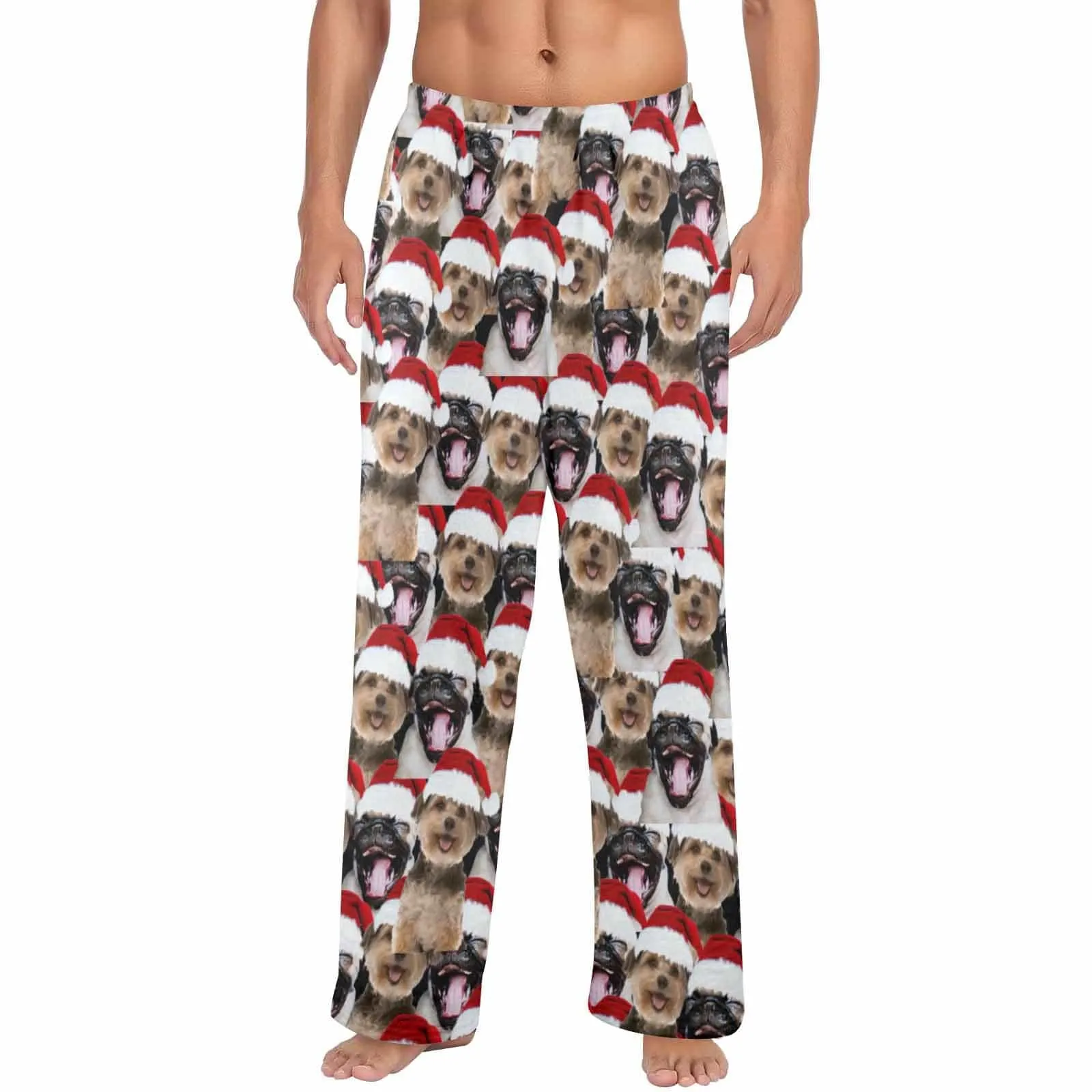 Coral Fleece Pajama Trousers-Custom Face Pet Christmas Red Hat Warm and Comfortable Sleepwear Long Pajama Pants For Men Women