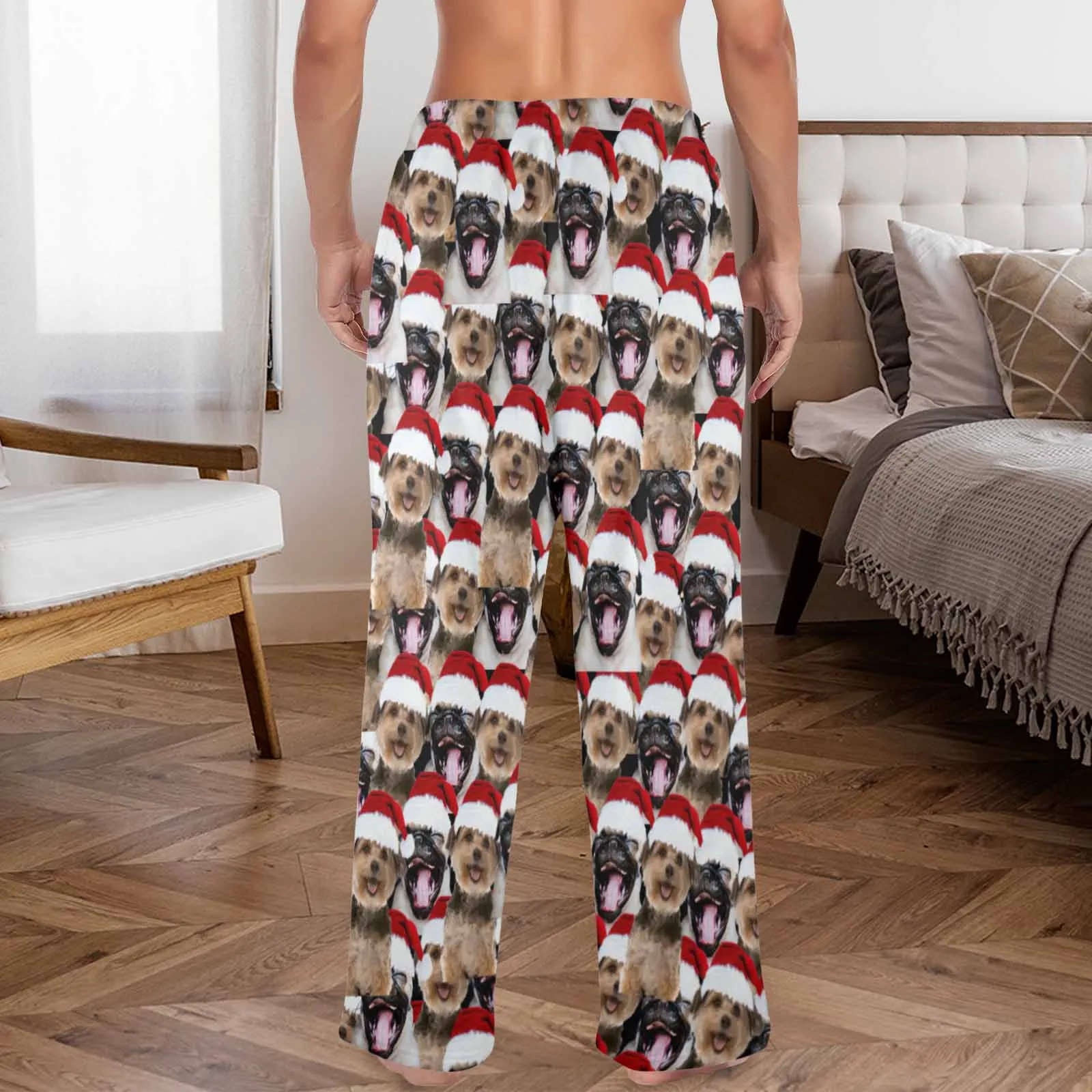 Coral Fleece Pajama Trousers-Custom Face Pet Christmas Red Hat Warm and Comfortable Sleepwear Long Pajama Pants For Men Women