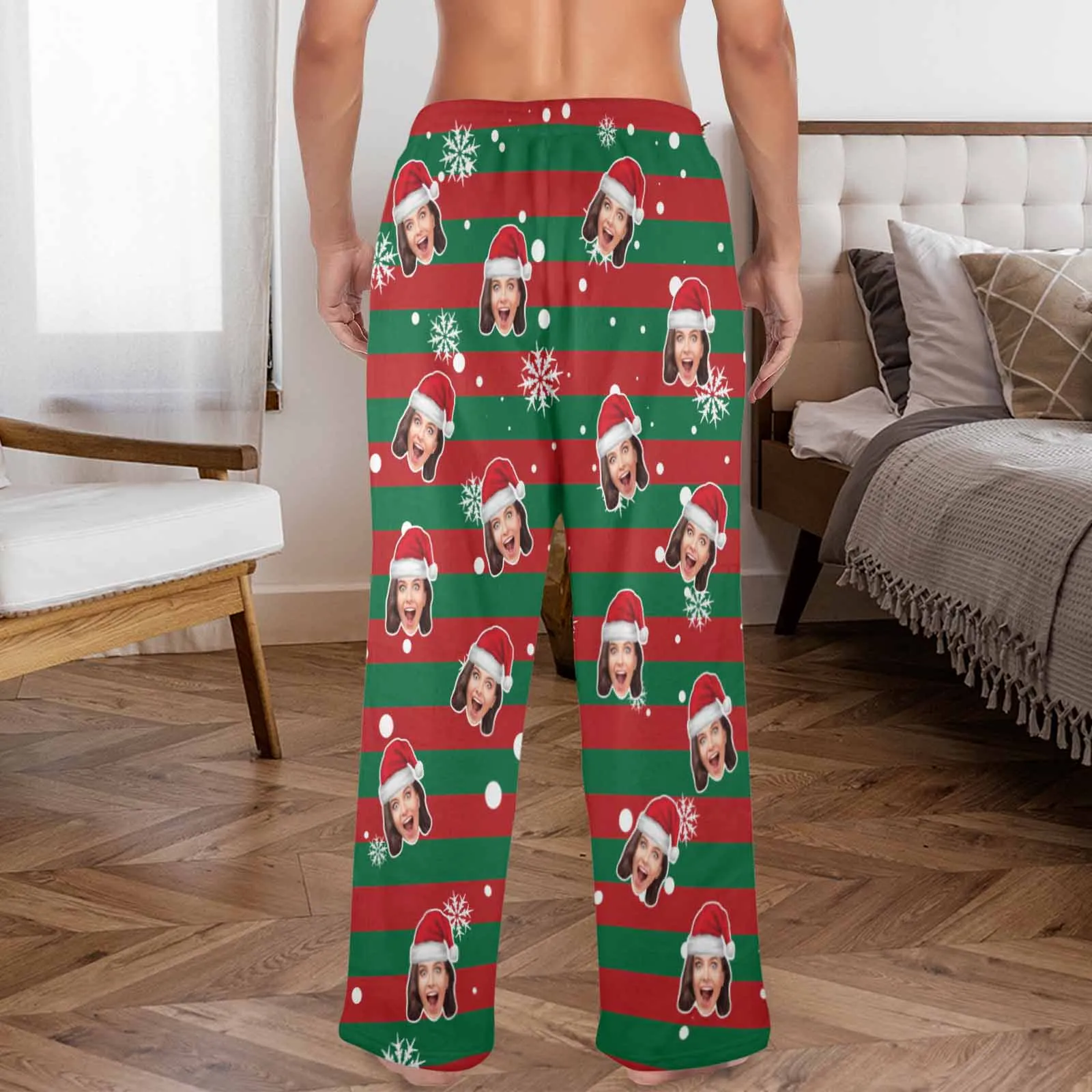 Coral Fleece Pajama Trousers-Custom Face Red And Green Christmas Snowflake Warm and Comfortable Sleepwear Long Pajama Pants For Men Women