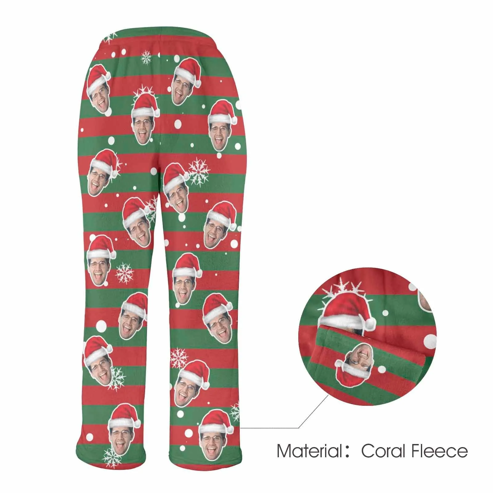 Coral Fleece Pajama Trousers-Custom Face Red And Green Christmas Snowflake Warm and Comfortable Sleepwear Long Pajama Pants For Men Women