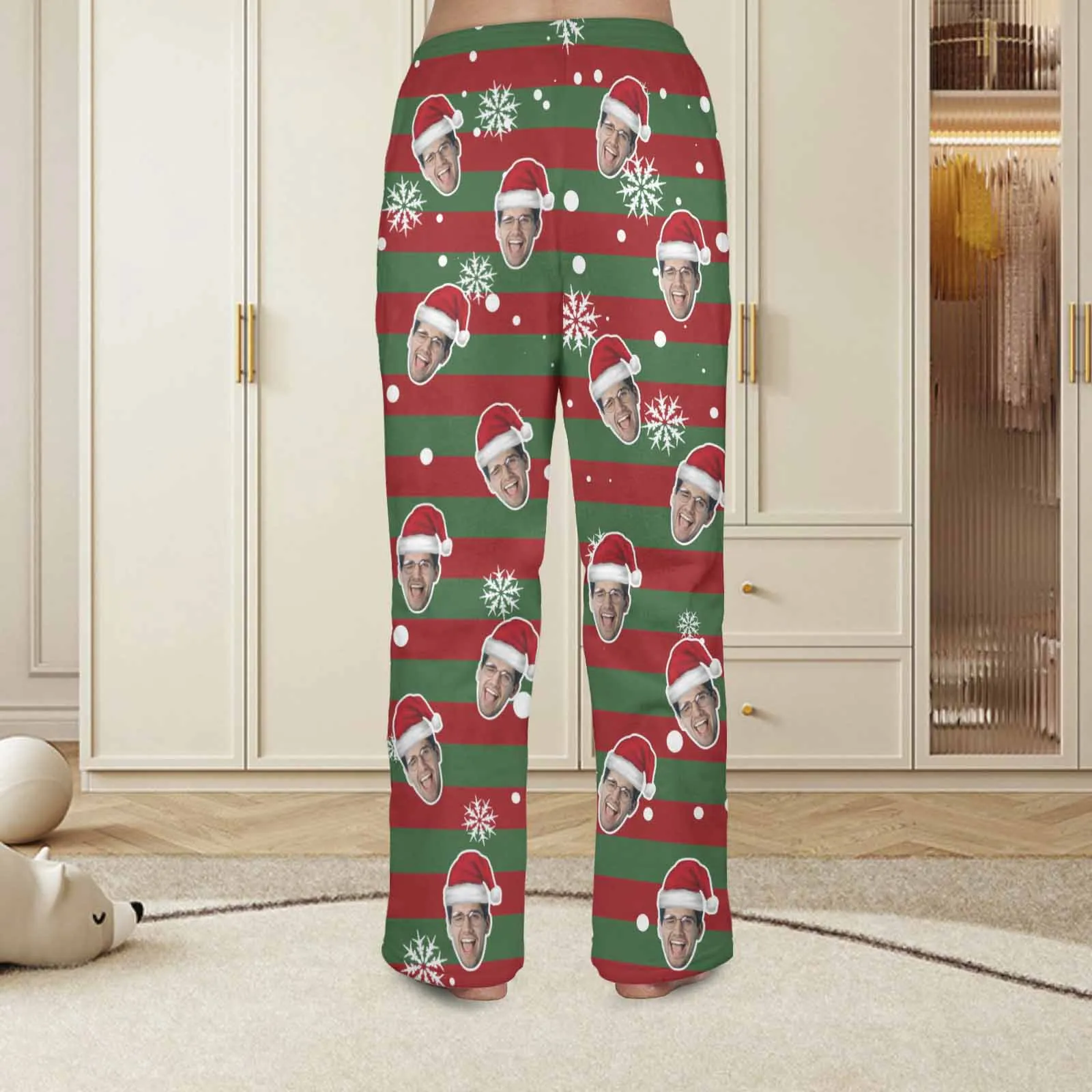 Coral Fleece Pajama Trousers-Custom Face Red And Green Christmas Snowflake Warm and Comfortable Sleepwear Long Pajama Pants For Men Women