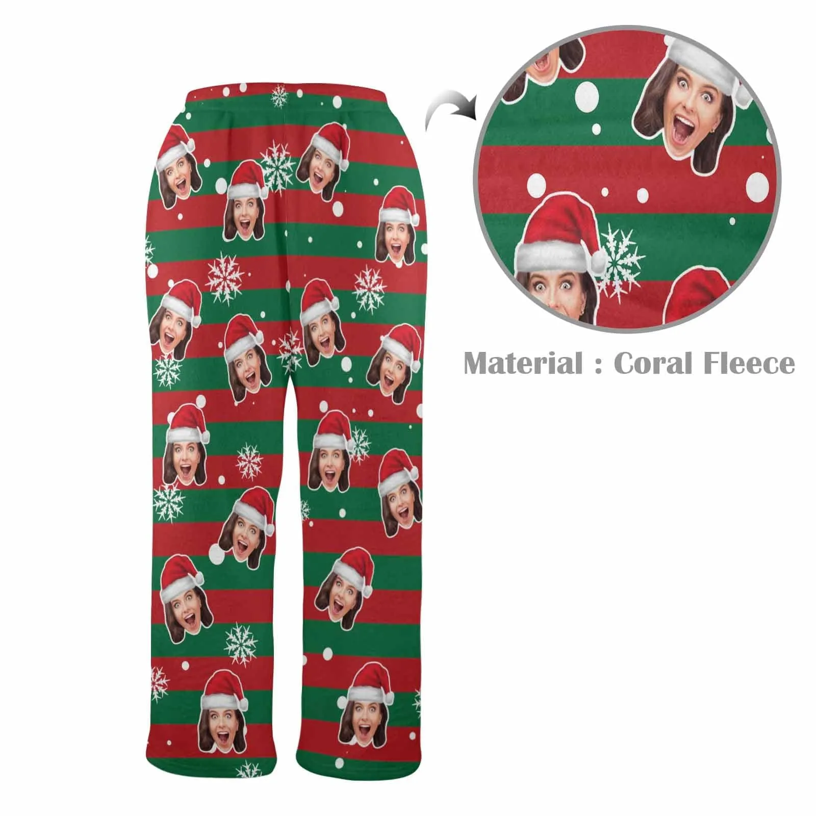 Coral Fleece Pajama Trousers-Custom Face Red And Green Christmas Snowflake Warm and Comfortable Sleepwear Long Pajama Pants For Men Women