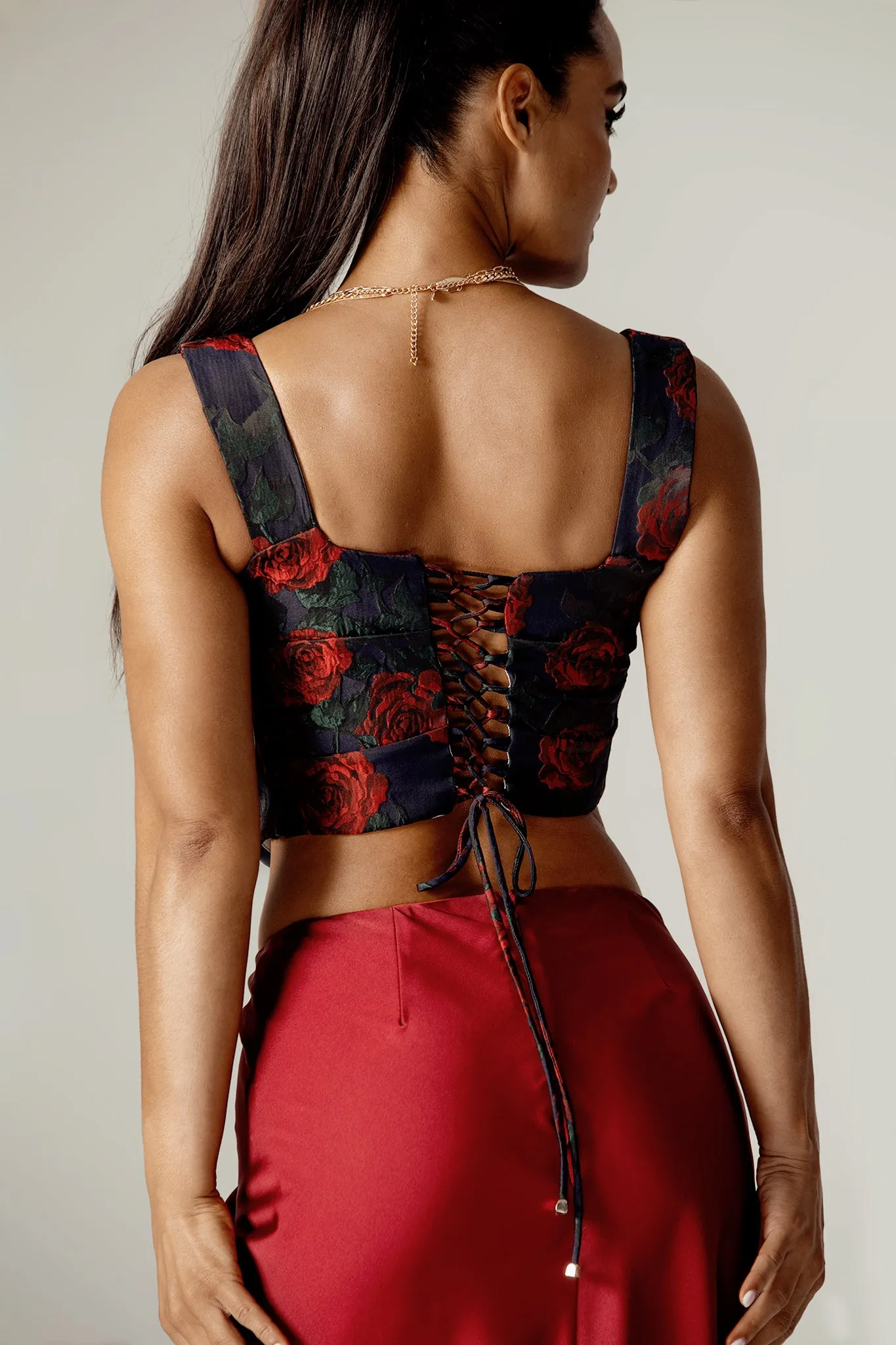 Ericka Jacquard Corset Top (Rose Print)