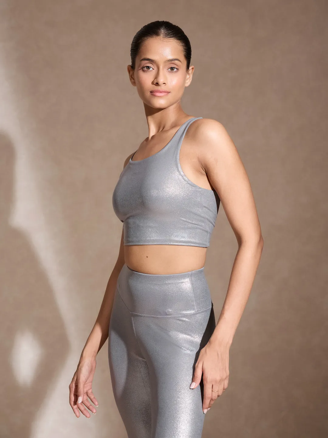 Gloss Shiny Grey High Impact Action Bra and Ath Track Leggings