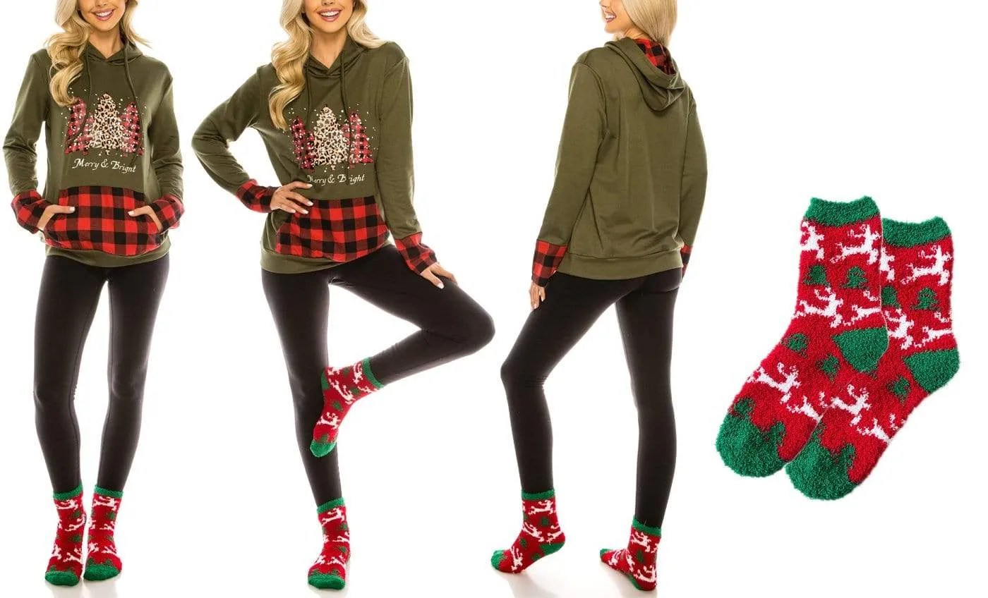 Haute Edition Women's Christmas Buffalo Plaid Hoodie and Fuzzy Sock Gift Set