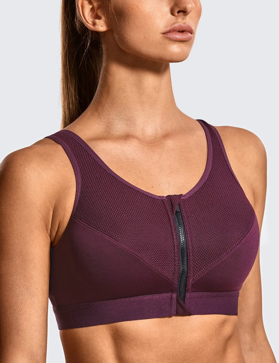 High Impact Wirefree Cross Back Support Front Zip Sports Bra