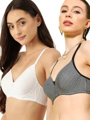 Leading Lady Women's Pack of 2 Solid & Printed T-Shirt Bra with Full Coverage and Non Wire [ BRA-4028-4056 ]