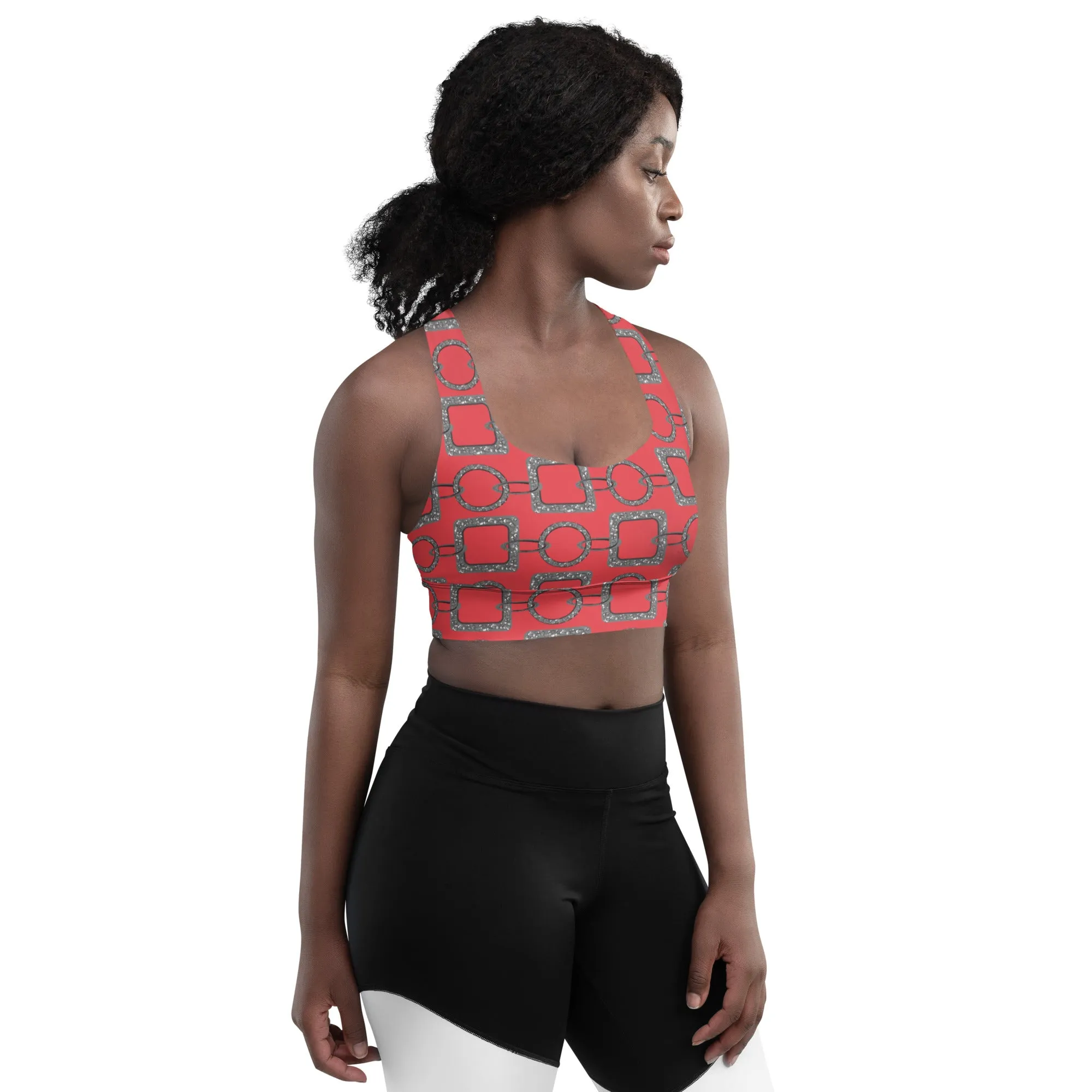 Lilly Longline sports bra, Hammered Silver Chain on Ruby