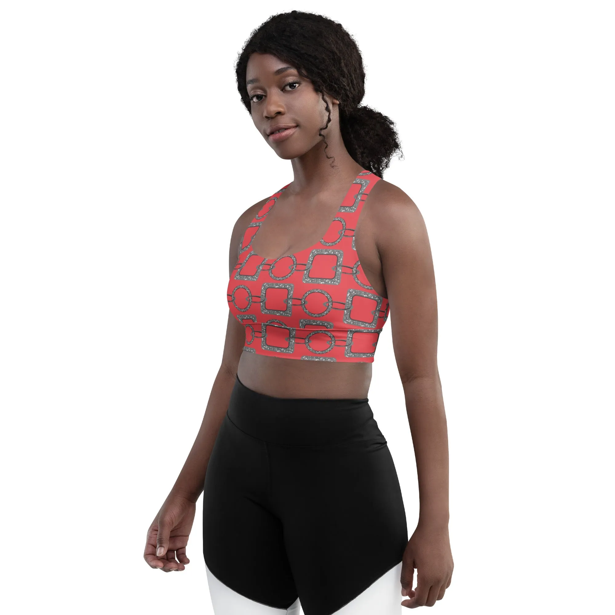 Lilly Longline sports bra, Hammered Silver Chain on Ruby