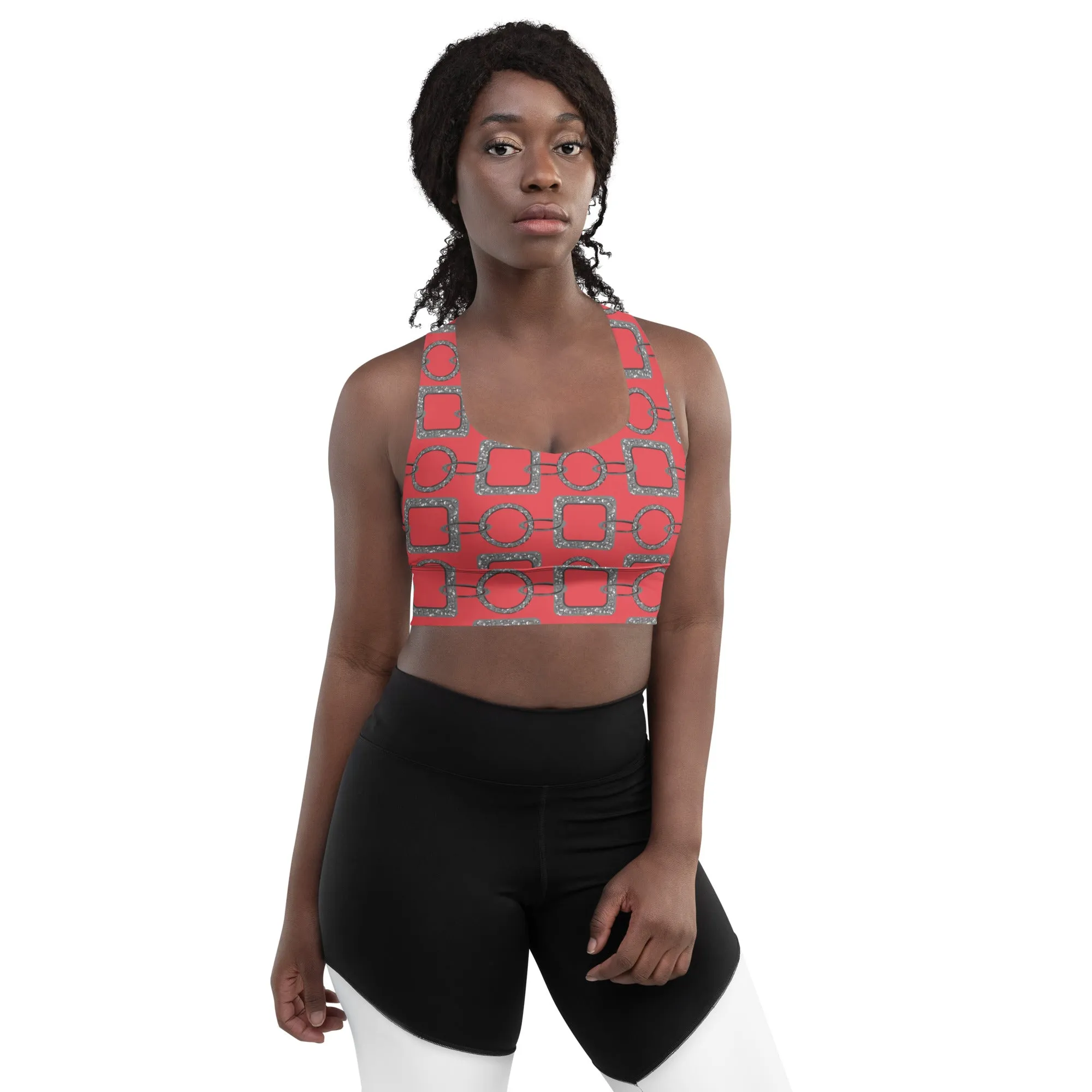 Lilly Longline sports bra, Hammered Silver Chain on Ruby