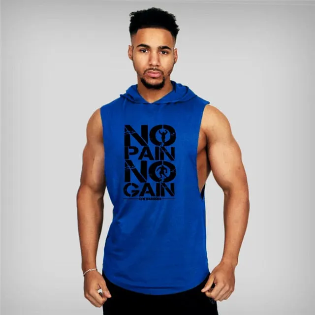 Mens Bodybuilding Hooded Cotton Sleeveless Fitness Workout Sportswear Tank Top