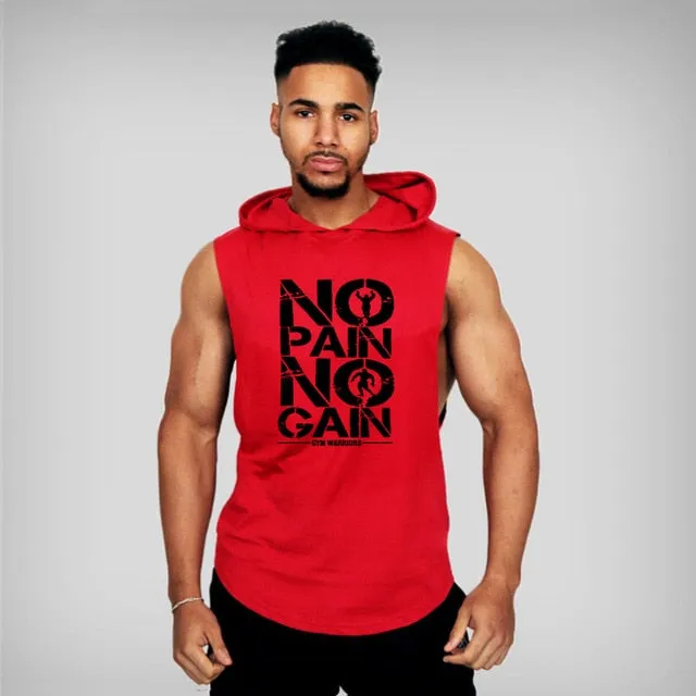 Mens Bodybuilding Hooded Cotton Sleeveless Fitness Workout Sportswear Tank Top