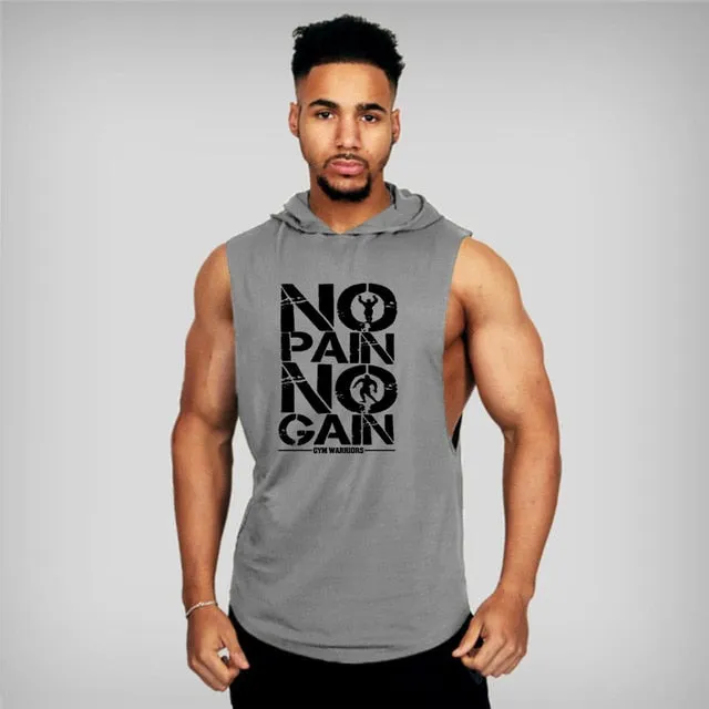 Mens Bodybuilding Hooded Cotton Sleeveless Fitness Workout Sportswear Tank Top