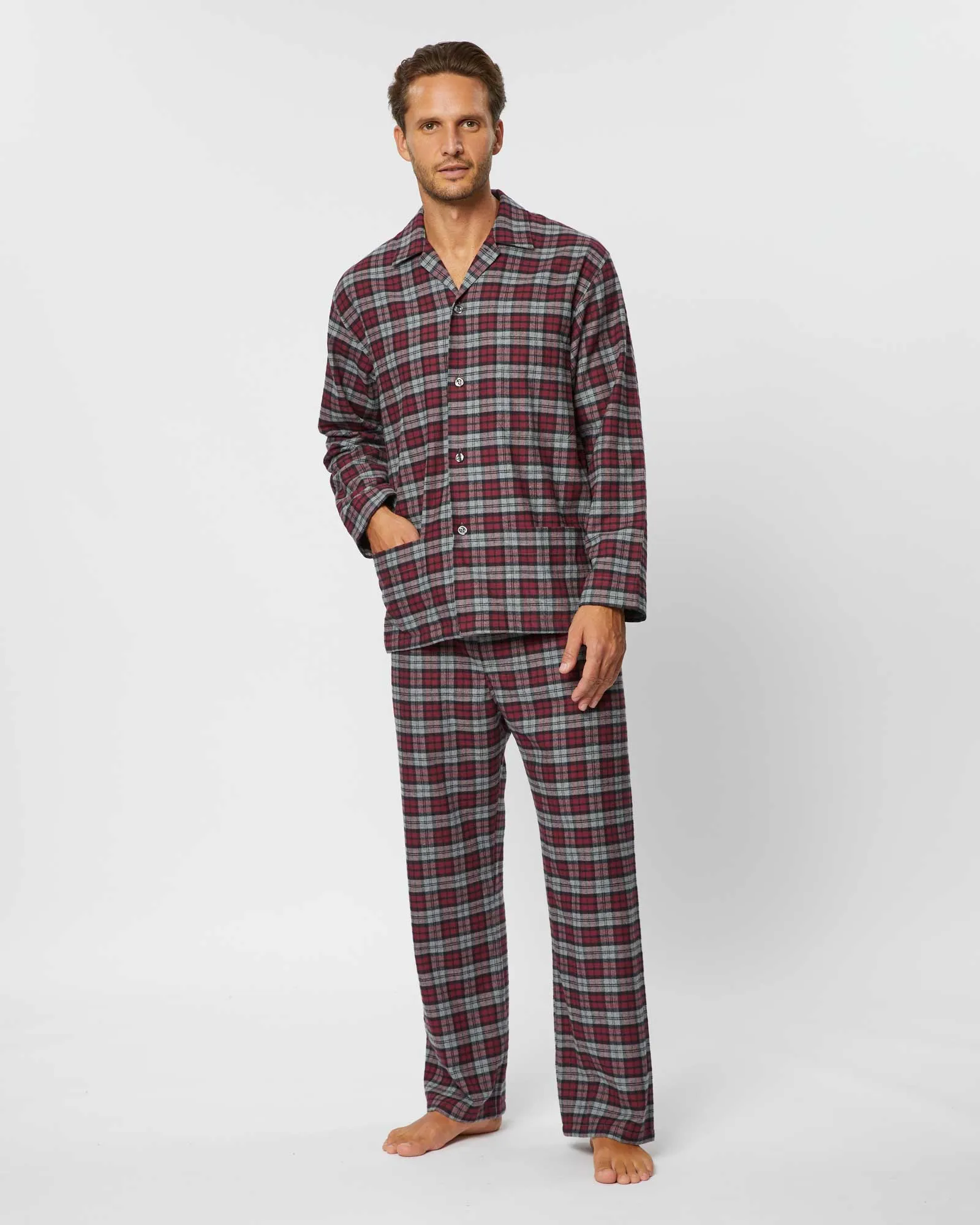 Men's Brushed Cotton Pajamas - Litton Burgundy Tartan