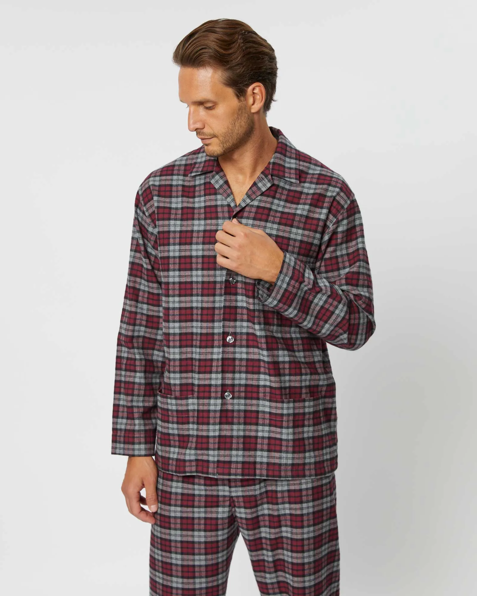 Men's Brushed Cotton Pajamas - Litton Burgundy Tartan