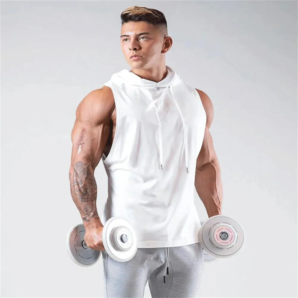 Mens Hooded Gym Fitness Bodybuilding Sport Sleeveless Stringer Singlet Vest