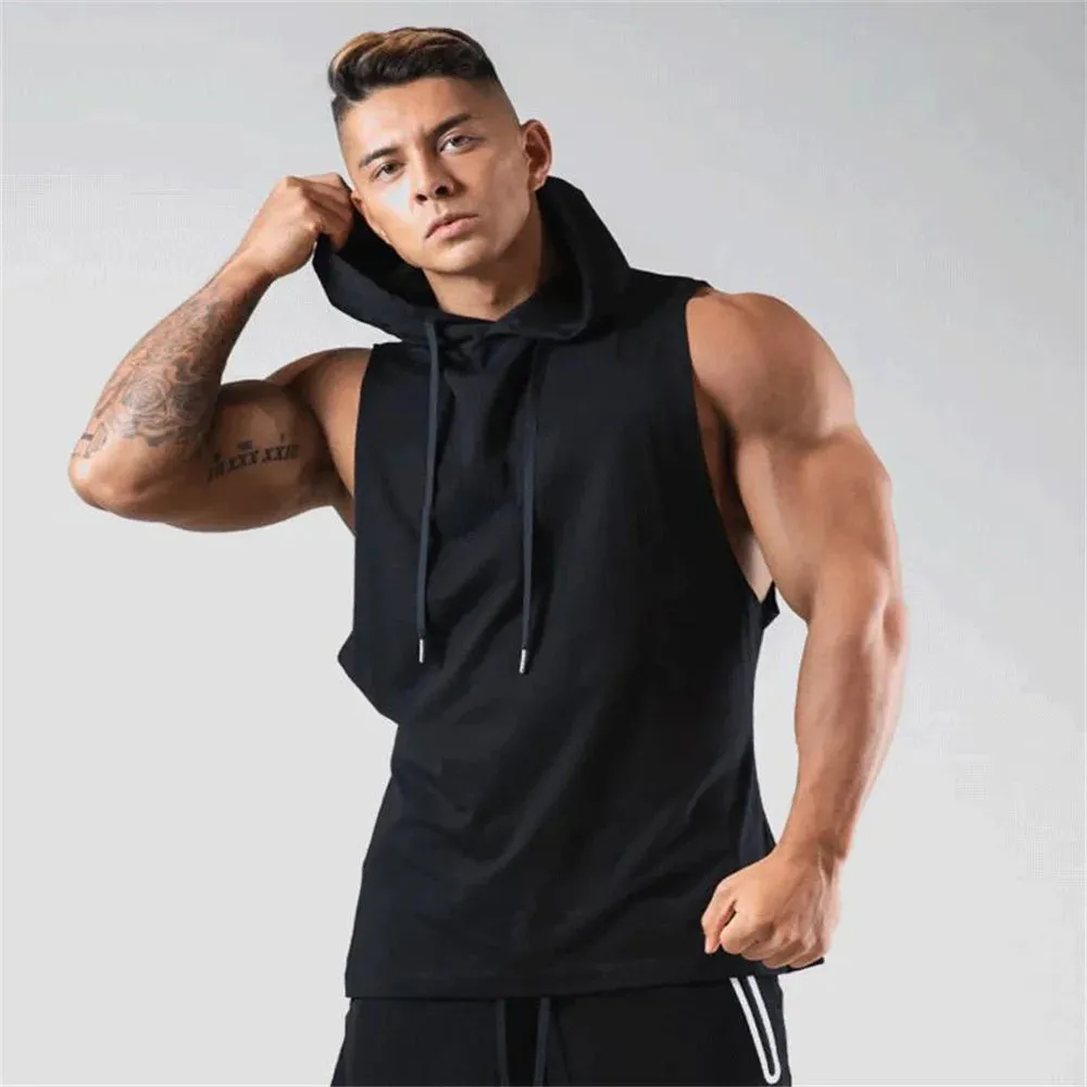 Mens Hooded Gym Fitness Bodybuilding Sport Sleeveless Stringer Singlet Vest