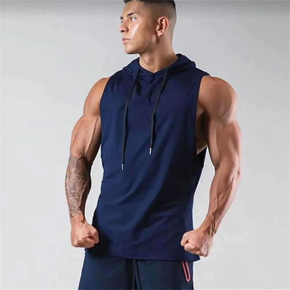 Mens Hooded Gym Fitness Bodybuilding Sport Sleeveless Stringer Singlet Vest