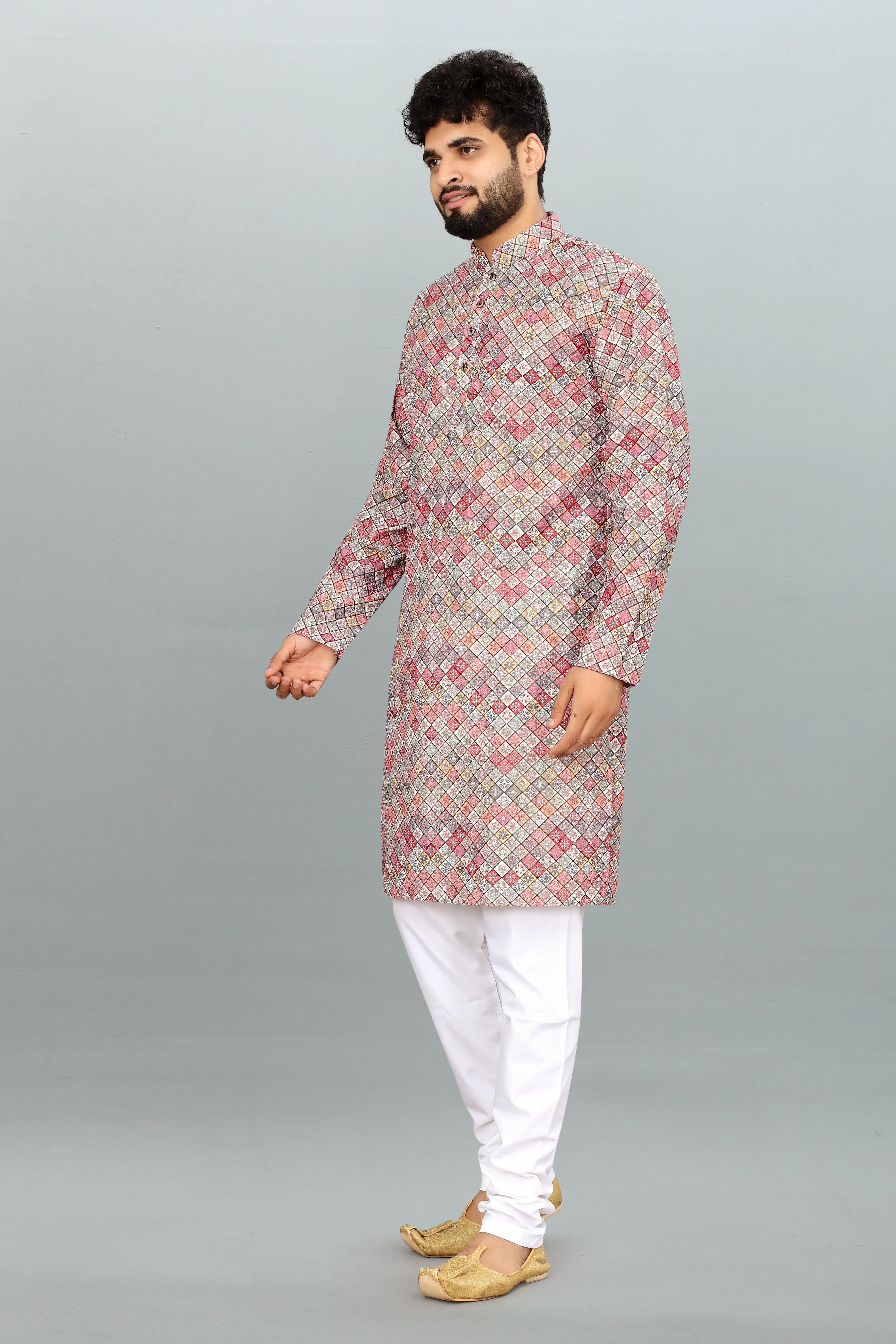 Men's Multicolor Lakhnavi Work Kurta in Rayon Cotton