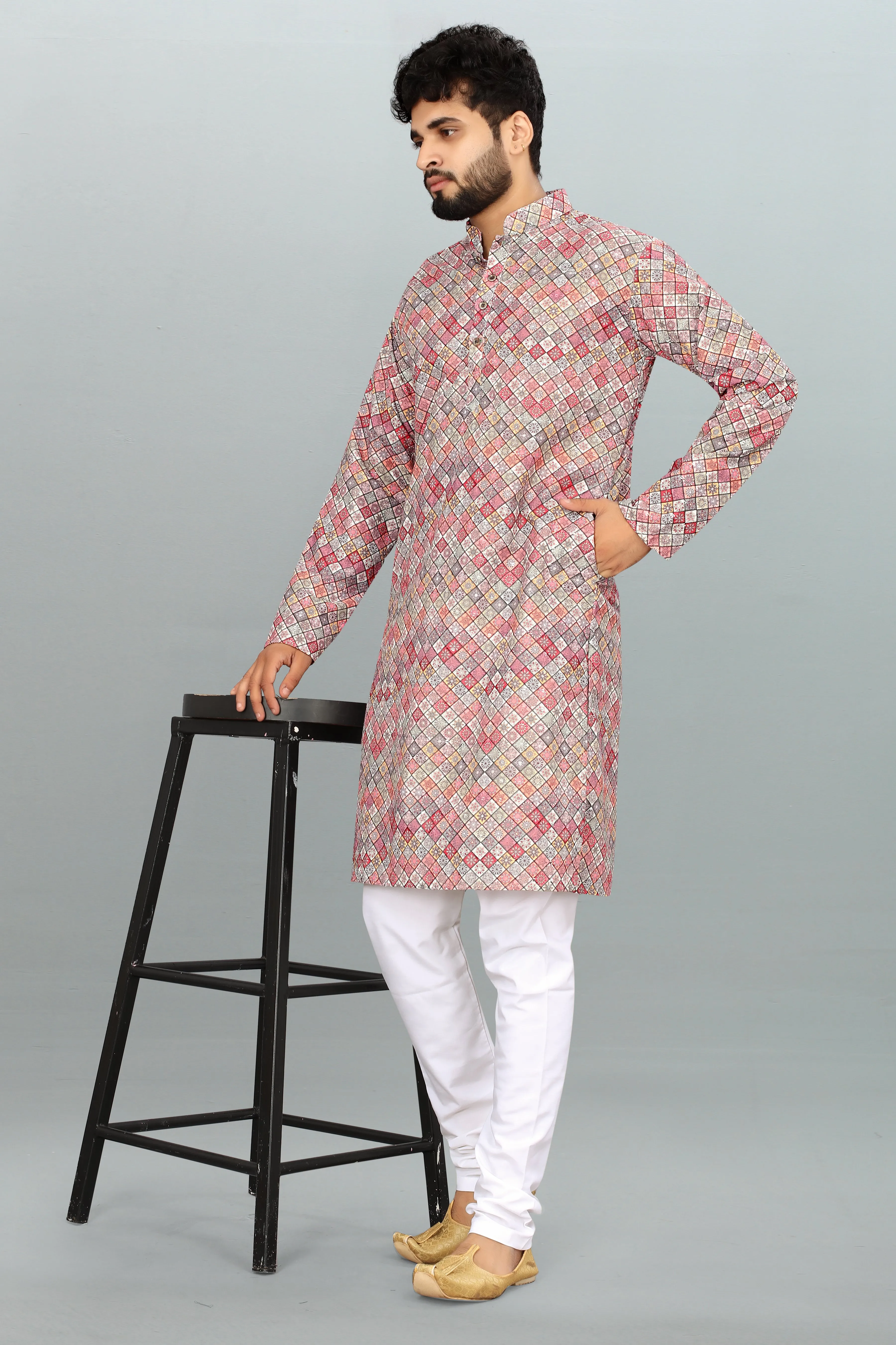 Men's Multicolor Lakhnavi Work Kurta in Rayon Cotton