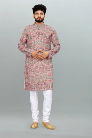 Men's Multicolor Lakhnavi Work Kurta in Rayon Cotton