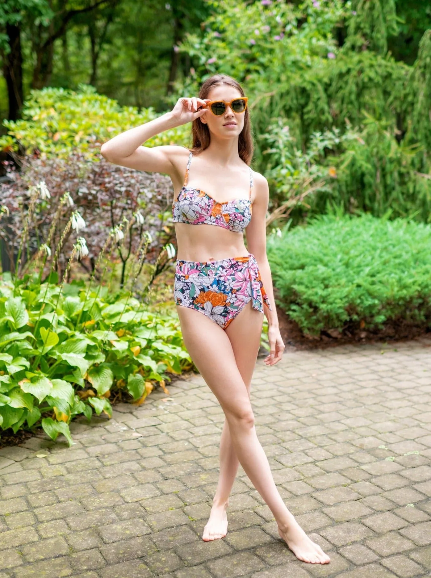 Nellie Top   Side Tie High Waist Bottom in Tropical Garden