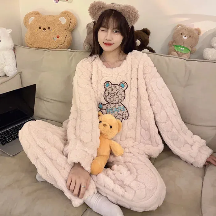 Plus Size Women's Cute Fluffy Pajama Set Soft Winter Warm Plush Long Sleeve Sleepwear Fuzzy Cozy Pjs Can Wear Outside Loungewear