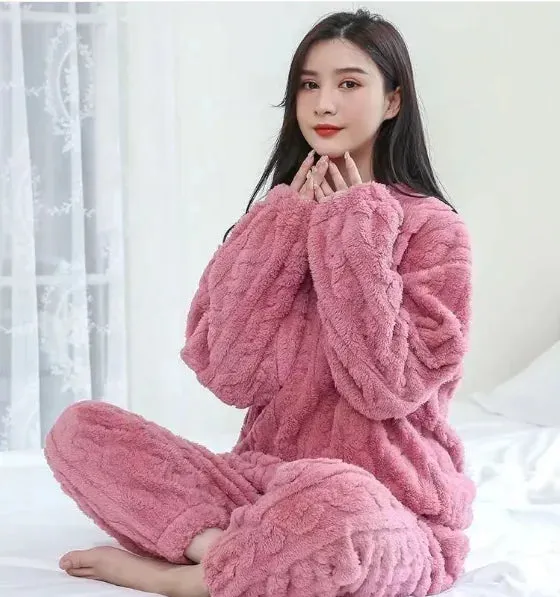 Pure Color Jacquard Cotton Velvet Warm Suit Pajamas