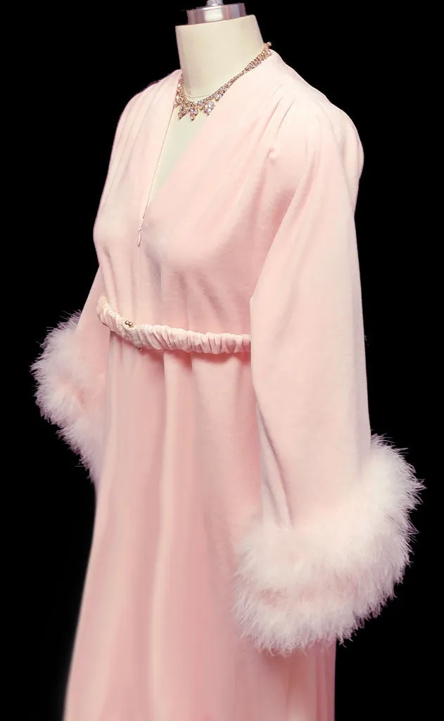 VINTAGE SAKS FIFTH AVENUE VELOUR DRESSING GOWN ROBE ADORNED WITH FLUFFY PINK MARABOU IN CHERUB PINK - WOULD MAKE A WONDERFUL CHRISTMAS OR BIRTHDAY GIFT!