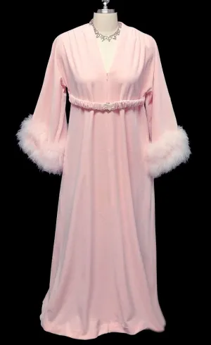 VINTAGE SAKS FIFTH AVENUE VELOUR DRESSING GOWN ROBE ADORNED WITH FLUFFY PINK MARABOU IN CHERUB PINK - WOULD MAKE A WONDERFUL CHRISTMAS OR BIRTHDAY GIFT!