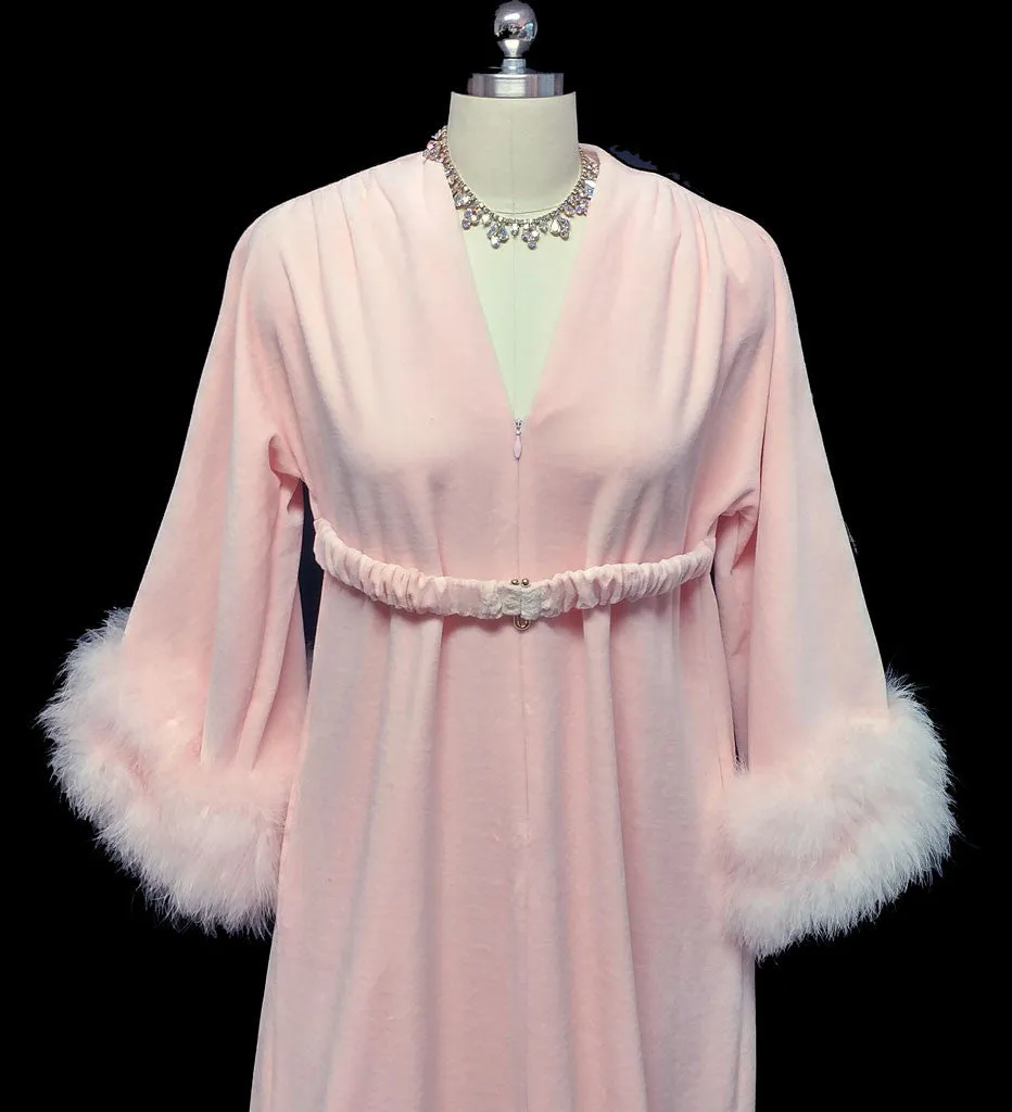 VINTAGE SAKS FIFTH AVENUE VELOUR DRESSING GOWN ROBE ADORNED WITH FLUFFY PINK MARABOU IN CHERUB PINK - WOULD MAKE A WONDERFUL CHRISTMAS OR BIRTHDAY GIFT!