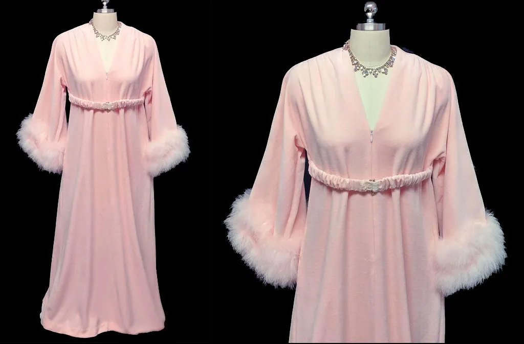 VINTAGE SAKS FIFTH AVENUE VELOUR DRESSING GOWN ROBE ADORNED WITH FLUFFY PINK MARABOU IN CHERUB PINK - WOULD MAKE A WONDERFUL CHRISTMAS OR BIRTHDAY GIFT!