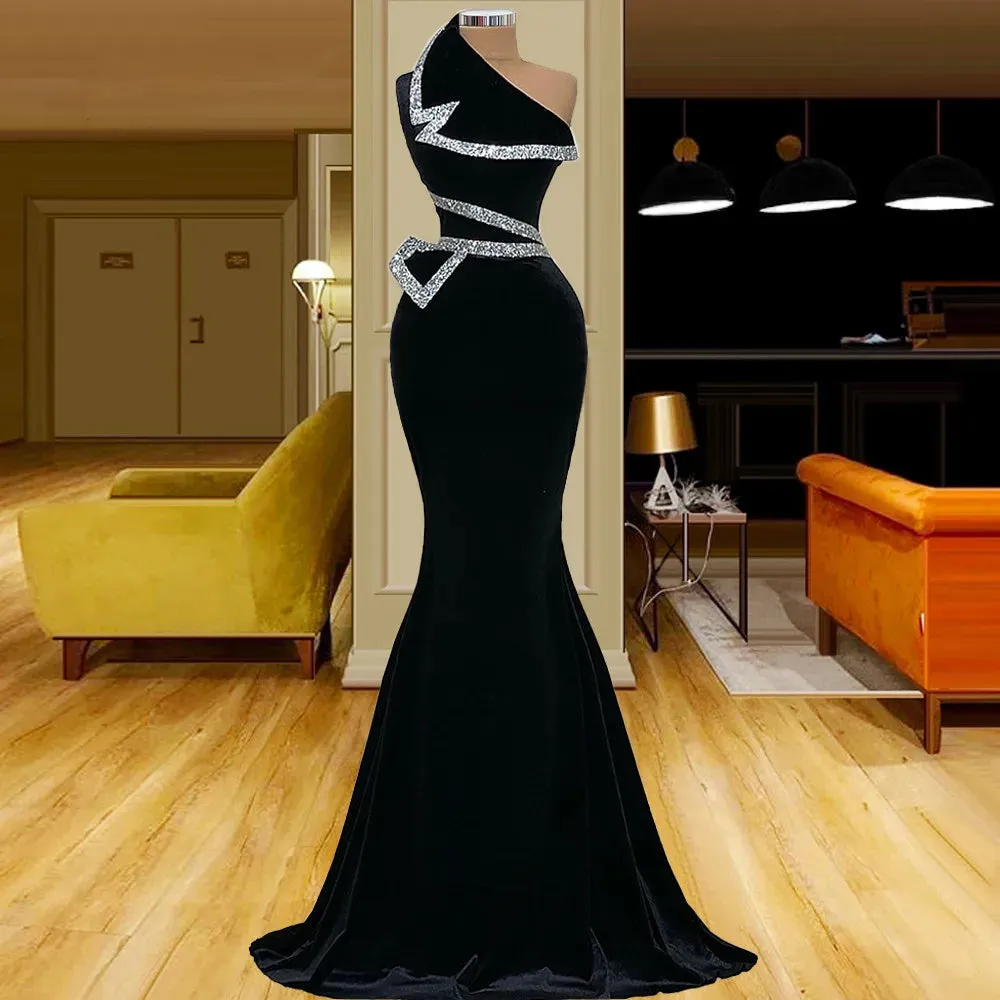 Wjczt Black Velvet One Shoulder Mermaid Lady Elegant Evening Dress Custom Luxury Formal Party Night Long Prom Dress Robe 2023 Robes De